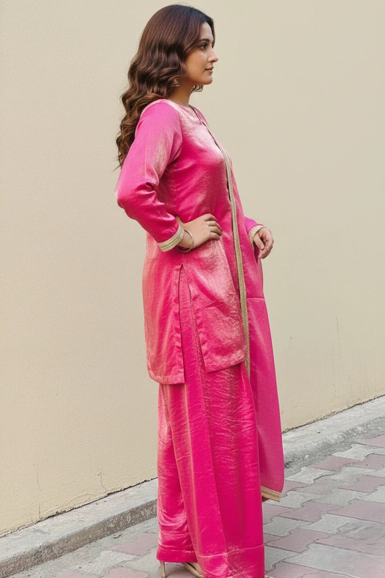 Pink silk kurta palazzo set with dupatta for women, Fendy silk ethnic suit set and farshi salwar suit traditional wear