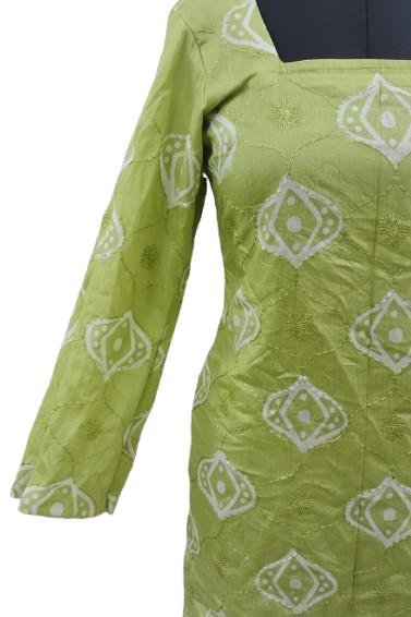 Beautiful cotton kurta for women in light green, made from premium cotton kurti fabric. This cotton kurti for women comes with full sleeves and a square neck, designed as a chic a line kurti. Ideal as a short kurti for women, this short kurt is perfect for casual wear or pairing with jeans, a stylish short kurtis for jeans and pure cotton kurtis option.