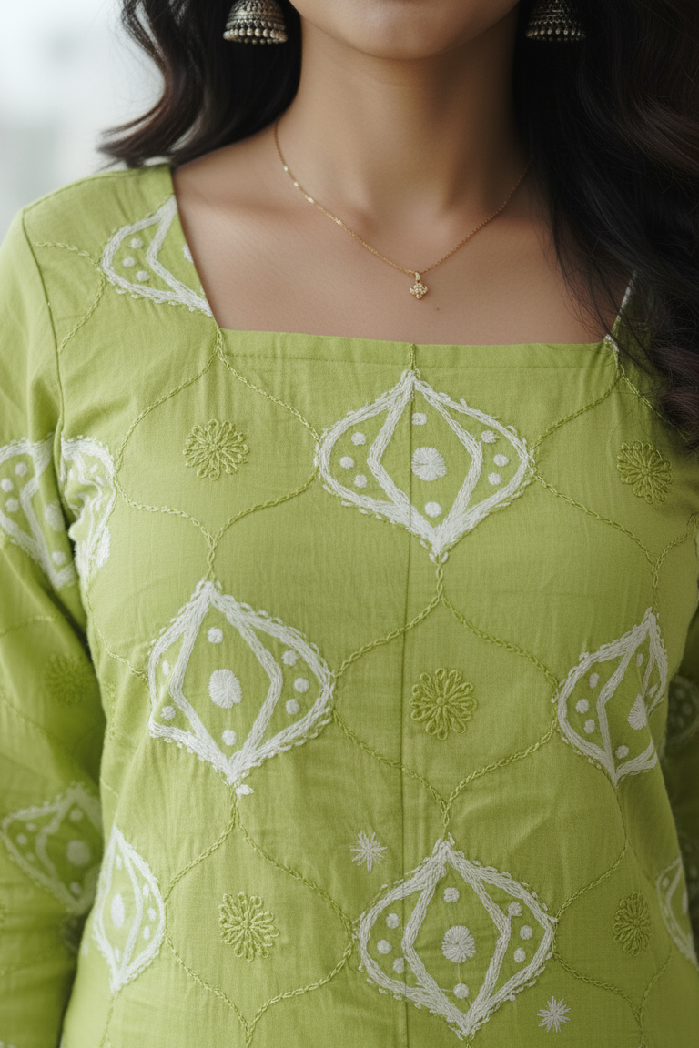 Beautiful cotton kurta for women in light green, made from premium cotton kurti fabric. This cotton kurti for women comes with full sleeves and a square neck, designed as a chic a line kurti. Ideal as a short kurti for women, this short kurt is perfect for casual wear or pairing with jeans, a stylish short kurtis for jeans and pure cotton kurtis option.