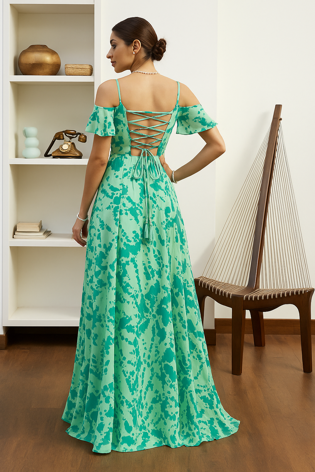 Cold Shoulder Maxi Dress with Back Lace-Up Design