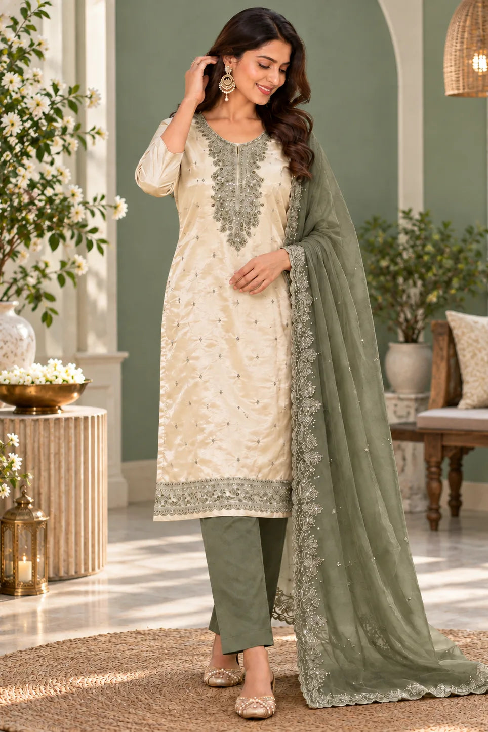 Women Cream & Sage Green 3-Piece Suit Set | Embroidered Kurta | Palazzo & Dupatta | Festive Ethnic Wear