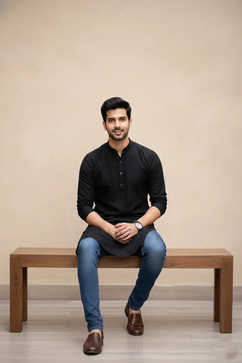 Black Mandarin Collar Long Cotton Kurta