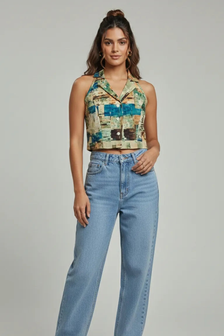 Women’s Geometric Print Cotton Crop Shirt