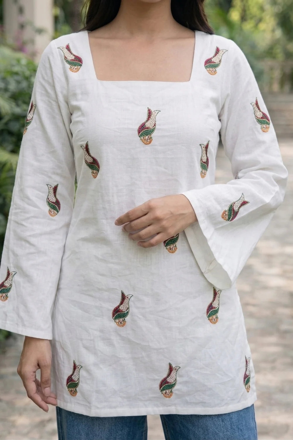 White Embroidery Short Kurti