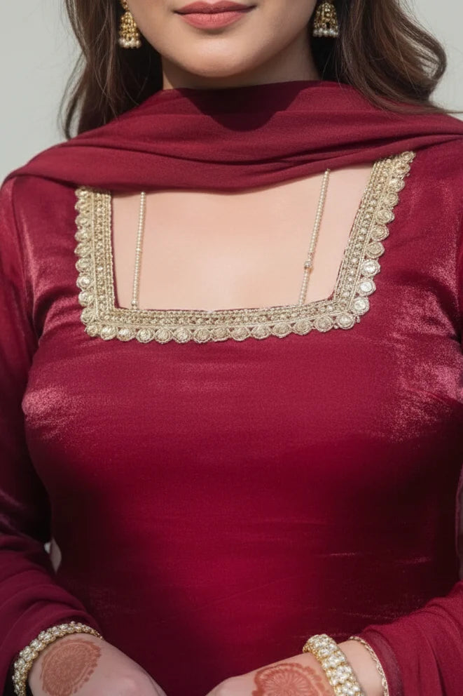 Maroon traditional sarara suit - neck