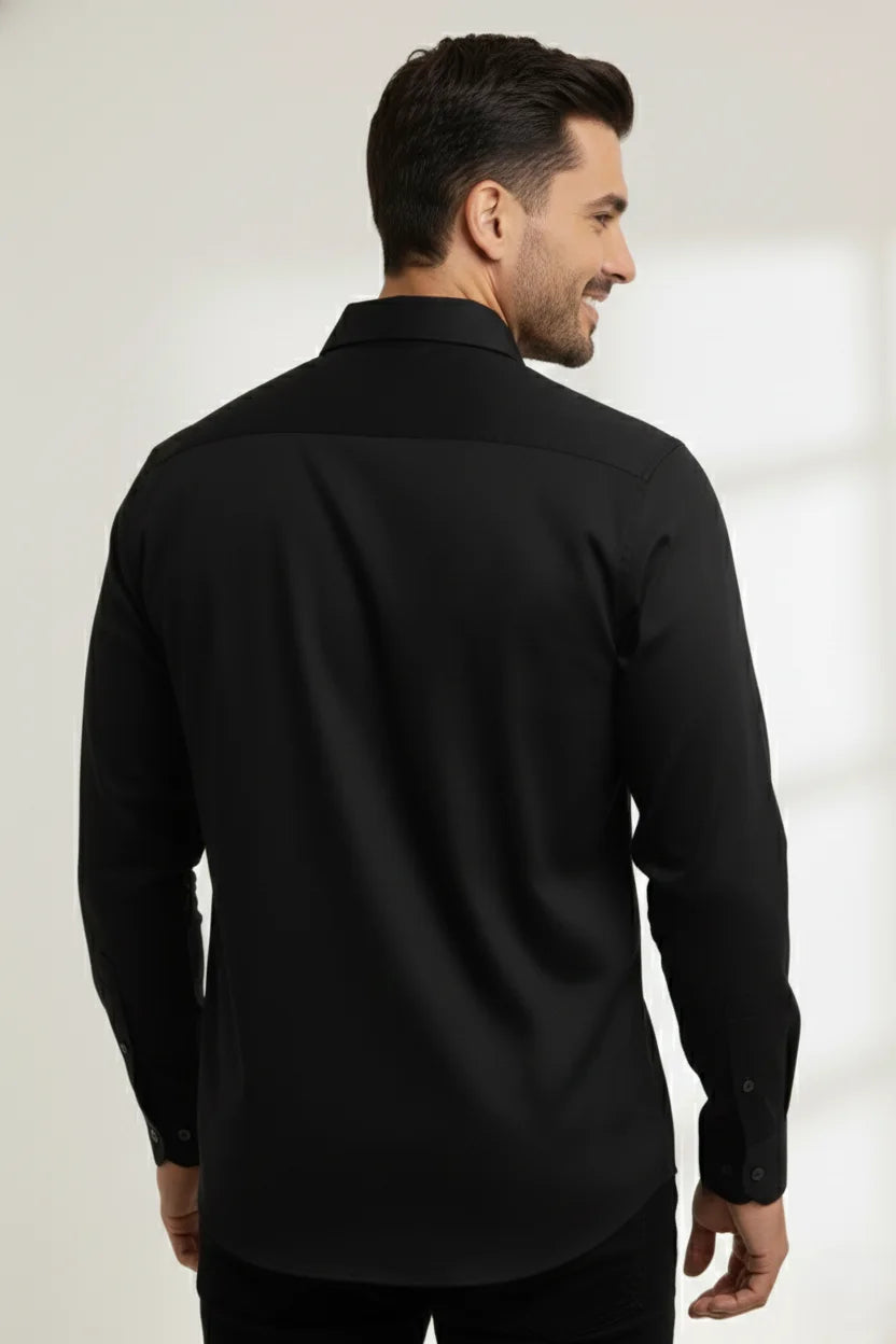 Stylish black shirt for men made from premium cotton shirt fabric, perfect men shirt for daily wear, trendy men black casual shirt designed for comfort, ideal designer shirts for men and classic cotton shirts for men.