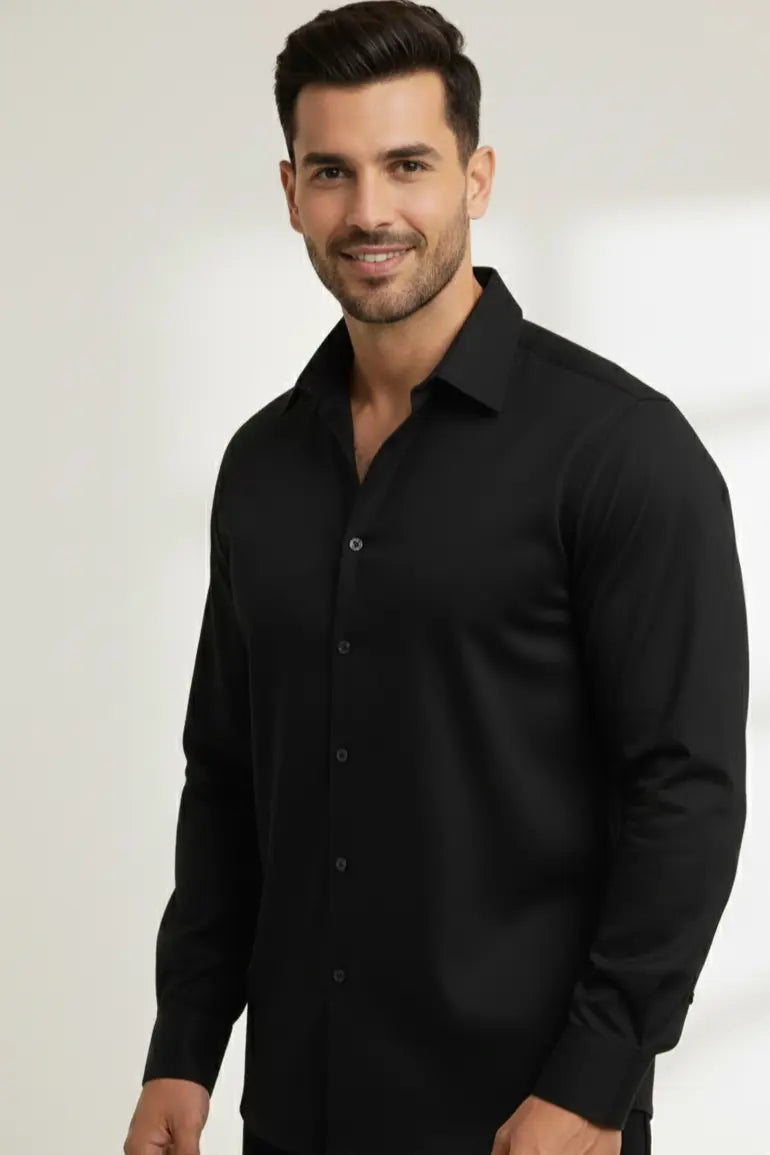 Stylish black shirt for men made from premium cotton shirt fabric, perfect men shirt for daily wear, trendy men black casual shirt designed for comfort, ideal designer shirts for men and classic cotton shirts for men.