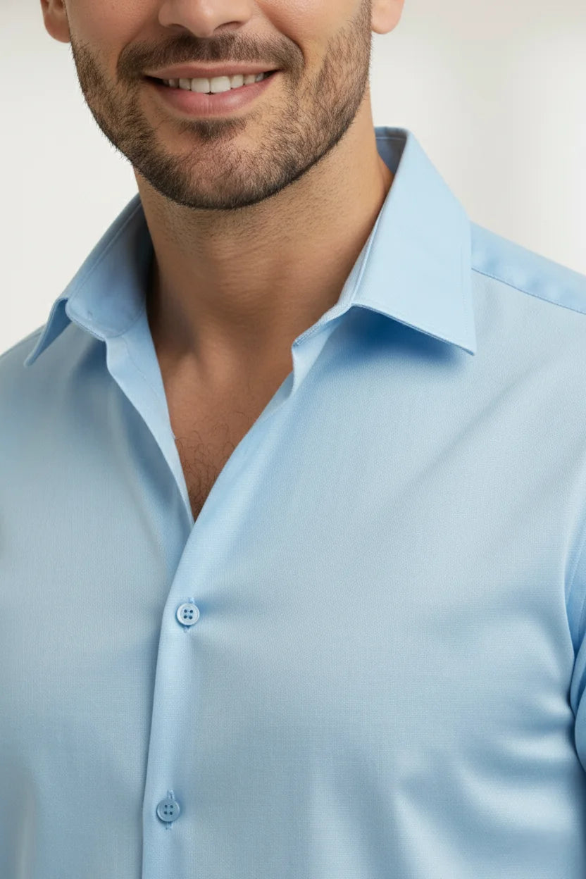 Sky blue formal shirt for men, stylish cotton shirt perfect for office wear, designer shirts for men, comfortable cotton shirts for men, ideal shirt for men for formal occasions.