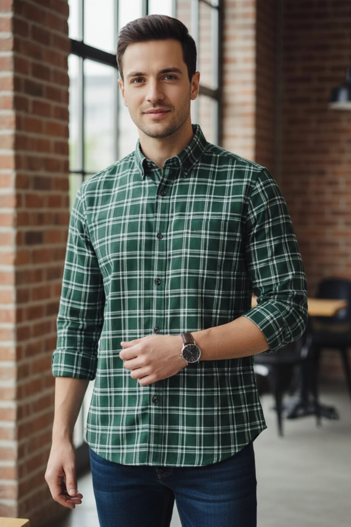 Men cotton check shirt, regular fit long sleeve shirt for men