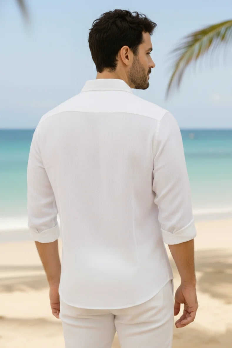 Classic white linen shirt for men crafted from breathable fabric, designed as a premium linen formal shirt and stylish linen casual shirt. This mens white linen shirt features a timeless long-sleeve design, making it one of the best linen shirts for men and a versatile choice among mens linen shirts for everyday and formal wear.
