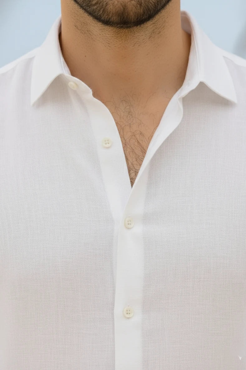 Classic white linen shirt for men crafted from breathable fabric, designed as a premium linen formal shirt and stylish linen casual shirt. This mens white linen shirt features a timeless long-sleeve design, making it one of the best linen shirts for men and a versatile choice among mens linen shirts for everyday and formal wear.
