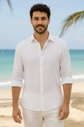 Classic white linen shirt for men crafted from breathable fabric, designed as a premium linen formal shirt and stylish linen casual shirt. This mens white linen shirt features a timeless long-sleeve design, making it one of the best linen shirts for men and a versatile choice among mens linen shirts for everyday and formal wear.
