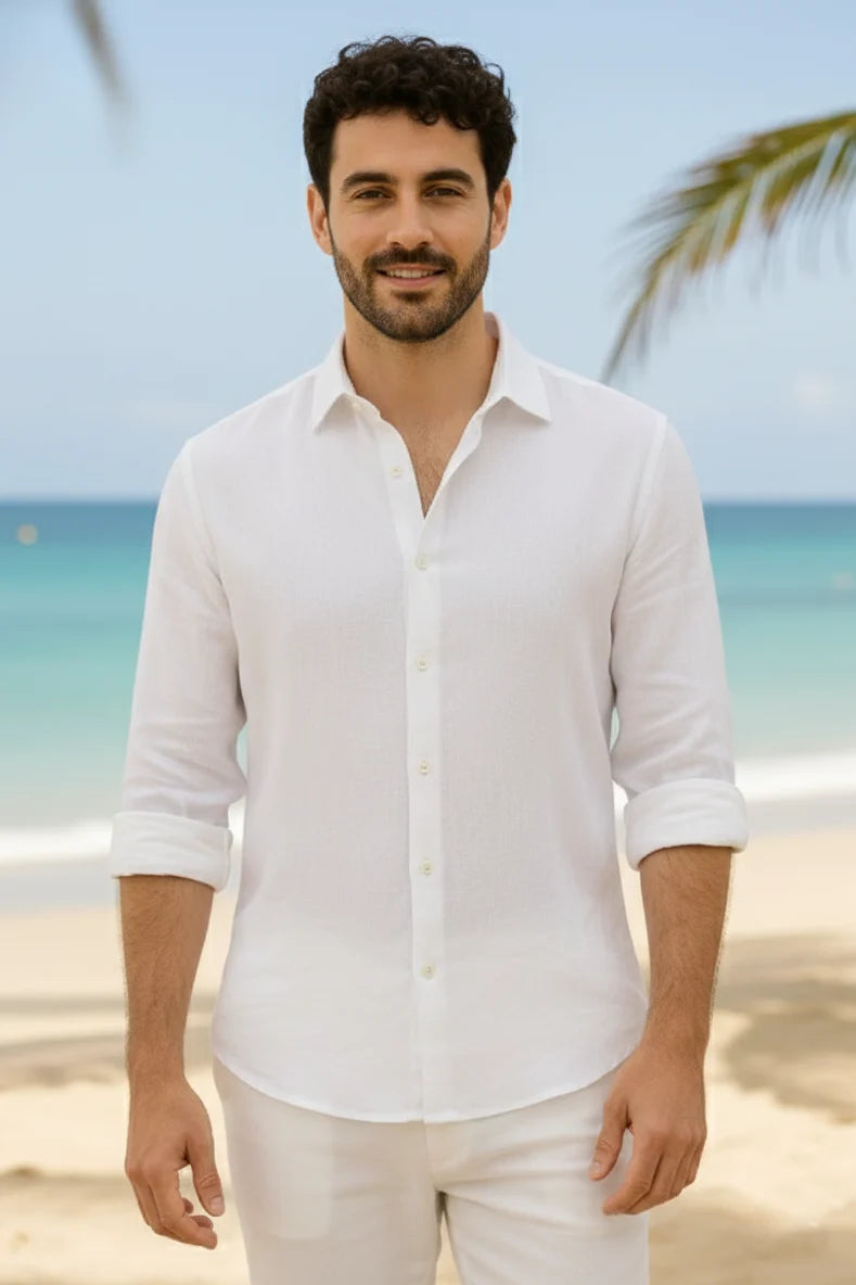 Classic white linen shirt for men crafted from breathable fabric, designed as a premium linen formal shirt and stylish linen casual shirt. This mens white linen shirt features a timeless long-sleeve design, making it one of the best linen shirts for men and a versatile choice among mens linen shirts for everyday and formal wear.
