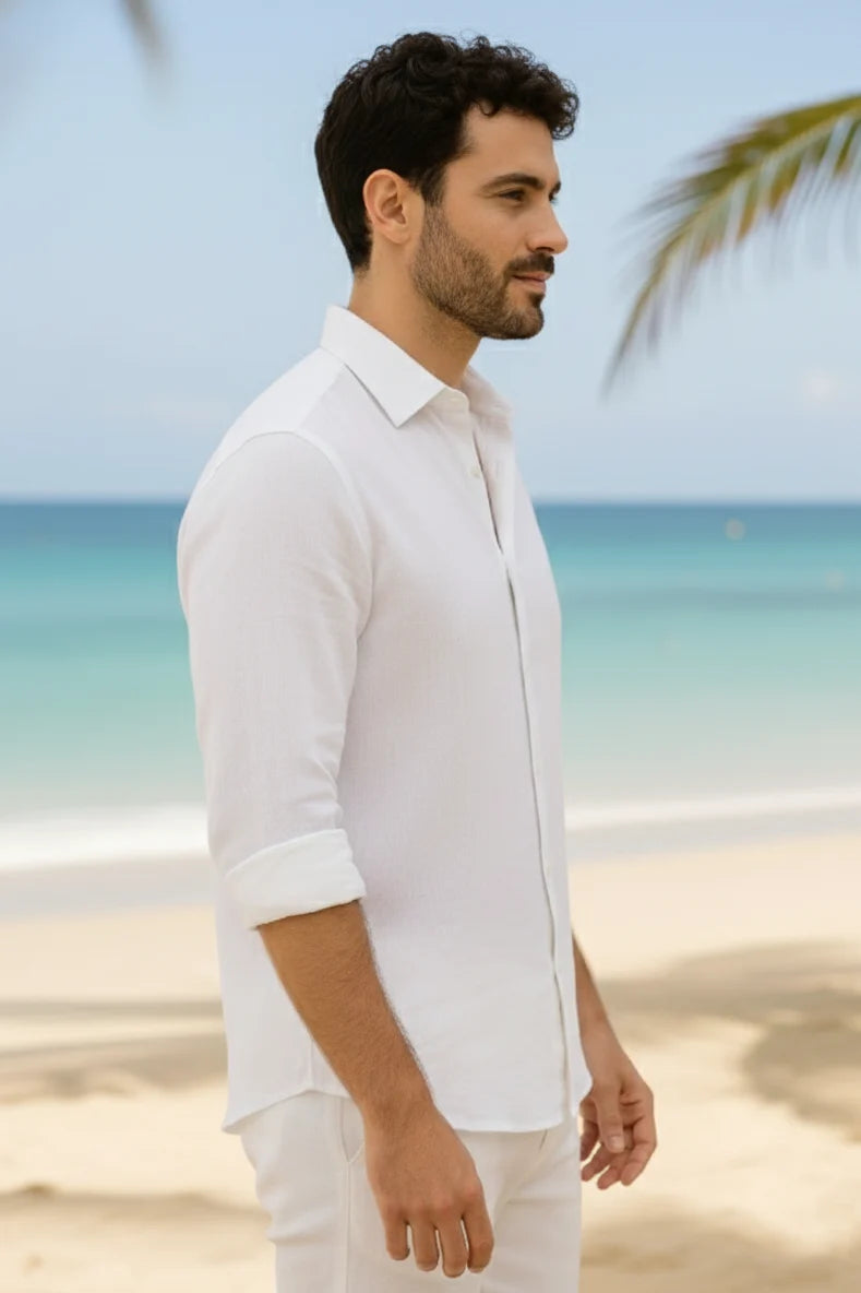Classic white linen shirt for men crafted from breathable fabric, designed as a premium linen formal shirt and stylish linen casual shirt. This mens white linen shirt features a timeless long-sleeve design, making it one of the best linen shirts for men and a versatile choice among mens linen shirts for everyday and formal wear.
