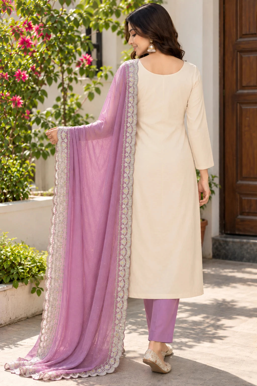 Women Cream & Lavender 3-Piece Suit Set | Embroidered Kurta | Palazzo & Dupatta | Festive Ethnic Wear