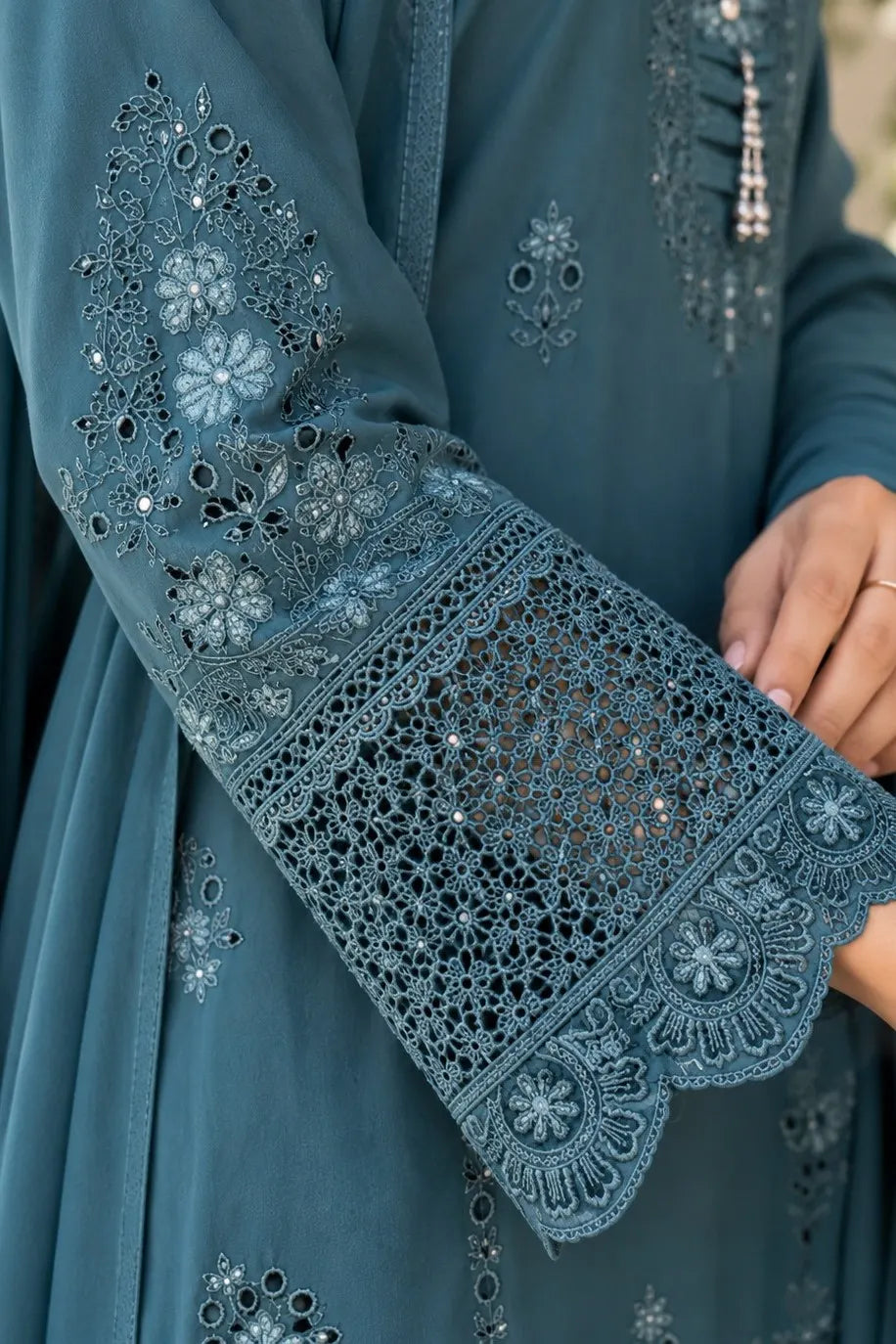 Teal Blue Embroidered Suit Set for Women