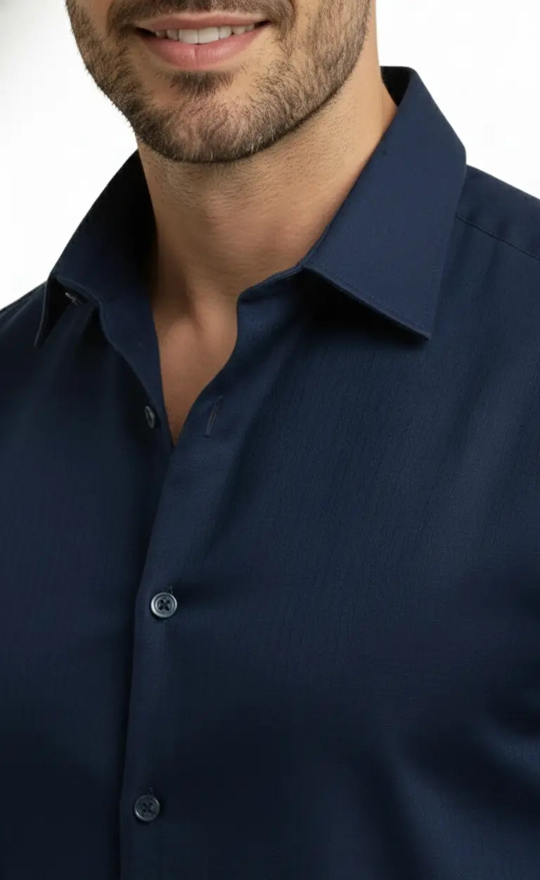Smart navy blue shirt for men made from soft cotton shirts for men, featuring a classic navy blue formal shirt design. This dark blue shirt offers a polished look, making it an ideal men shirt for office and formal wear.