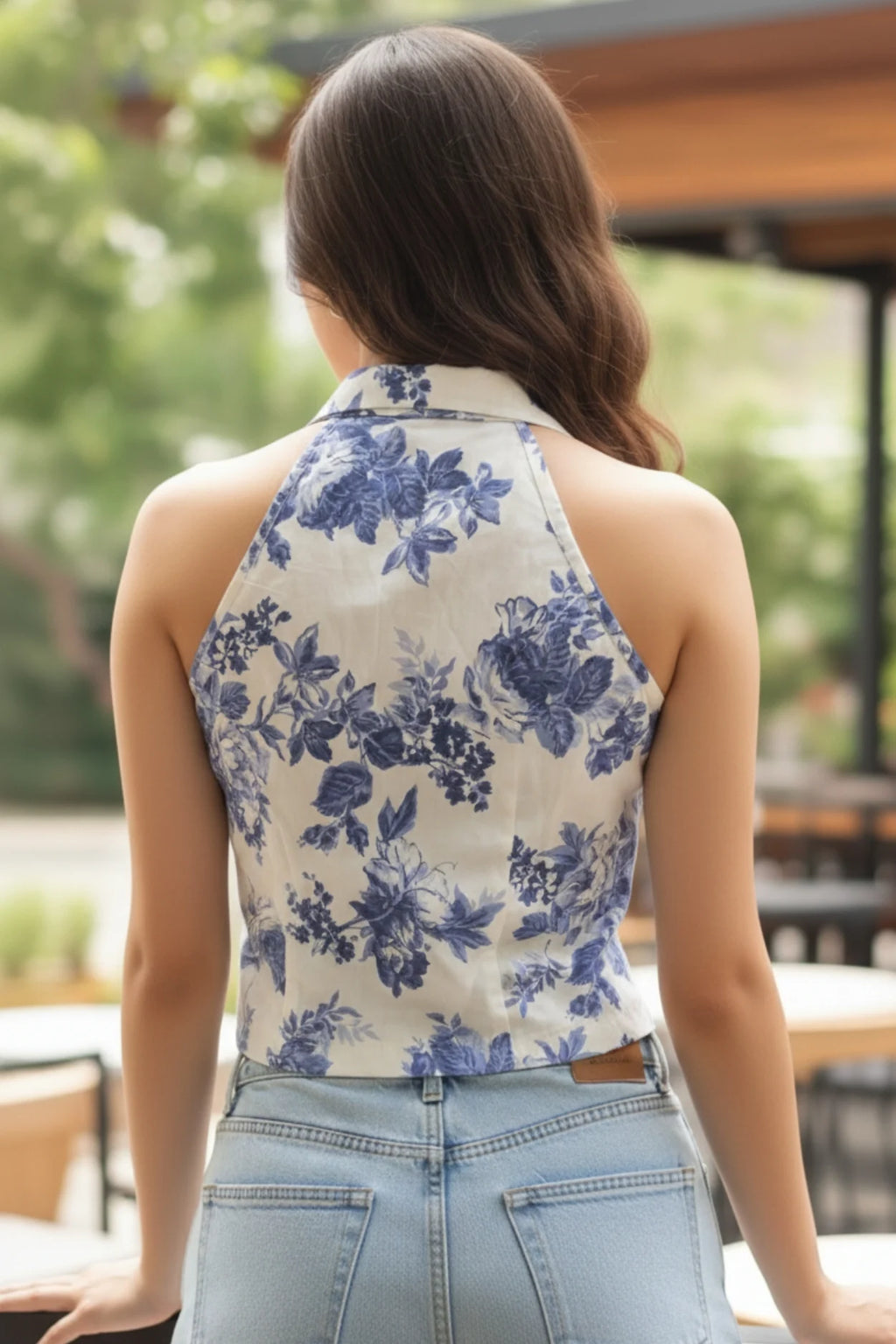 Women’s White Blue Floral Cotton Crop Shirt