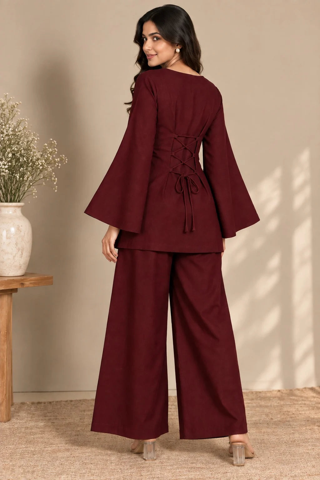 Women’s Maroon Co-Ord Set | V-Neck Bell Sleeve Top | Wide-Leg Pants | Stylish Ethnic Wear