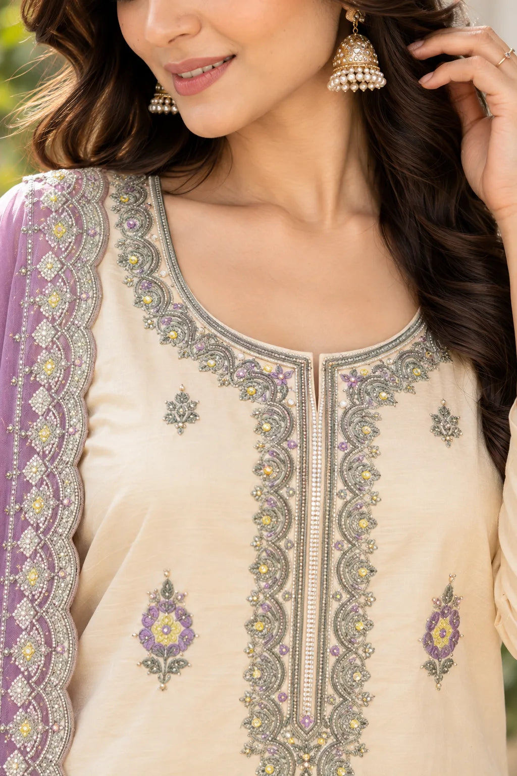 Women Cream & Lavender 3-Piece Suit Set | Embroidered Kurta | Palazzo & Dupatta | Festive Ethnic Wear