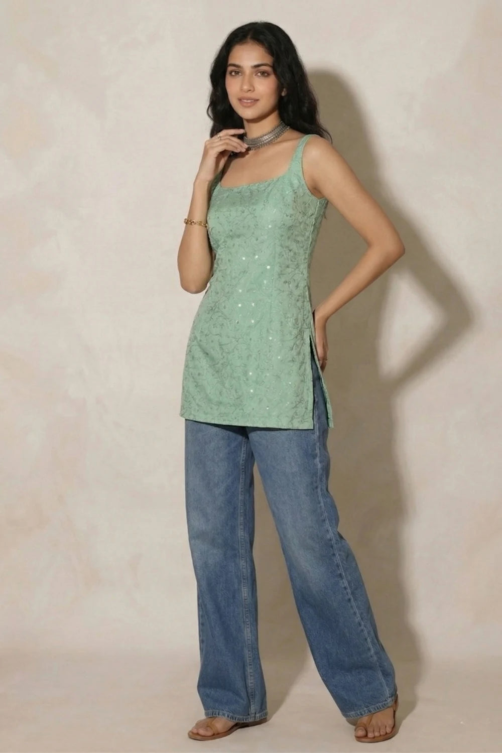 Light Green Sleeveless Kurti