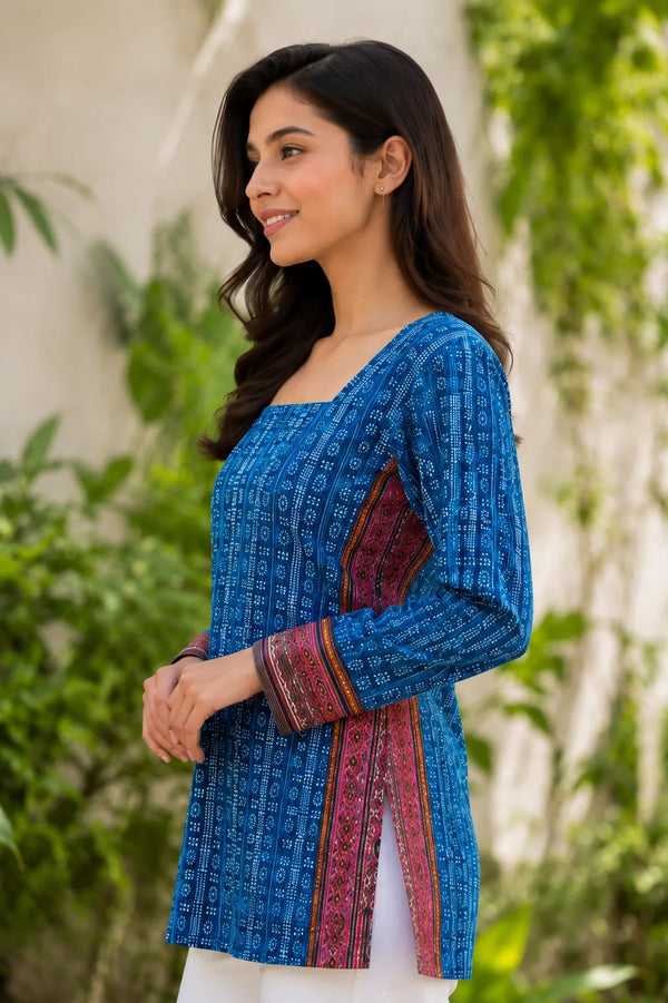 Blue Cotton Short Kurti for Women
