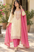 Women Cream & Hot Pink 3-Piece Suit Set | Floral Embroidered Kurta | Palazzo & Dupatta | Festive Ethnic Wear