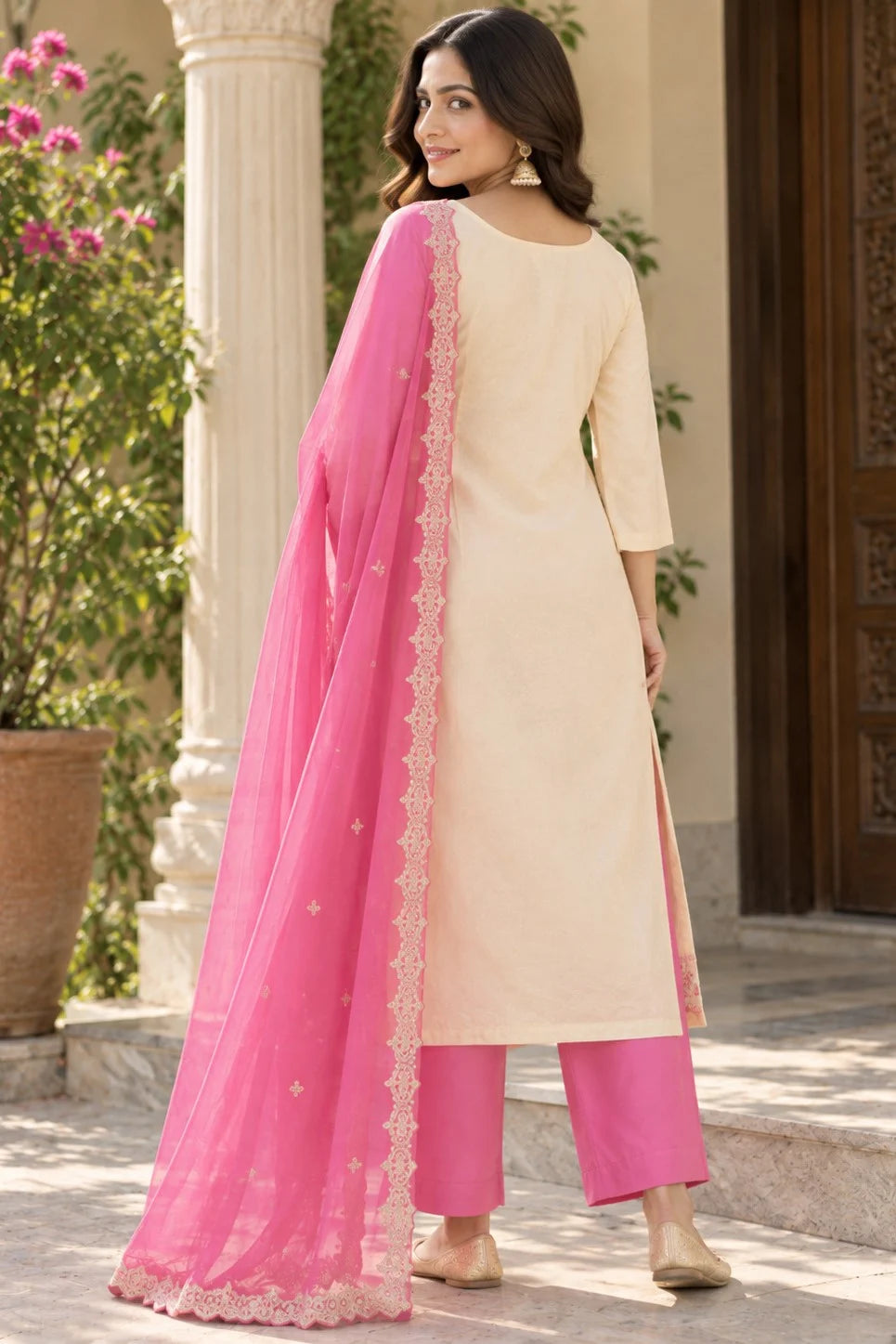 Women Cream & Hot Pink 3-Piece Suit Set | Floral Embroidered Kurta | Palazzo & Dupatta | Festive Ethnic Wear