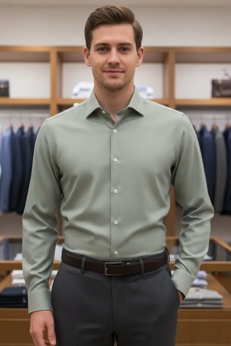 Stylish olive green shirt for men crafted from soft cotton shirt fabric, designed as a comfortable olive green shirt for men with a modern look. This green men shirt works perfectly as a men party wear shirt and everyday style, blending well with mens casual shirts and premium designer shirts for men collections. A versatile mint green shirt tone makes it ideal for smart casual and party wear.