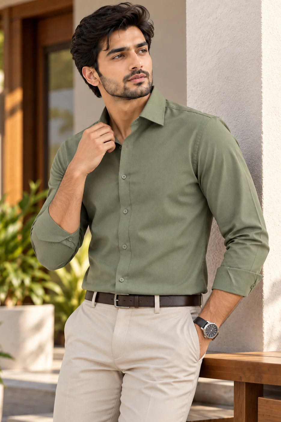 Olive Green Cotton Formal Shirt for Men