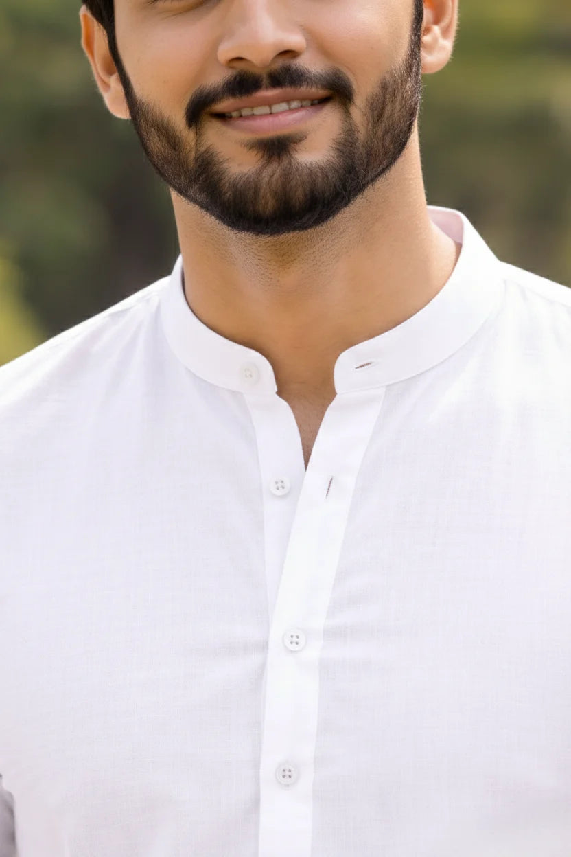 White Mandarin Collar Cotton Kurta Pajama