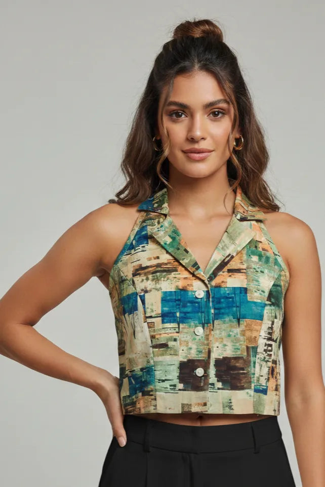 Women’s Geometric Print Cotton Crop Shirt