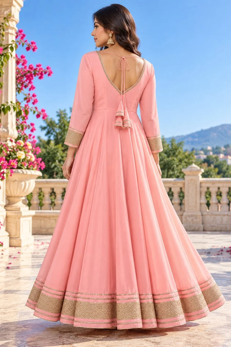 Women’s Pink Anarkali Gown | Flared Floor-Length Anarkali Dress | Embellished Border | Festive & Party Wear
