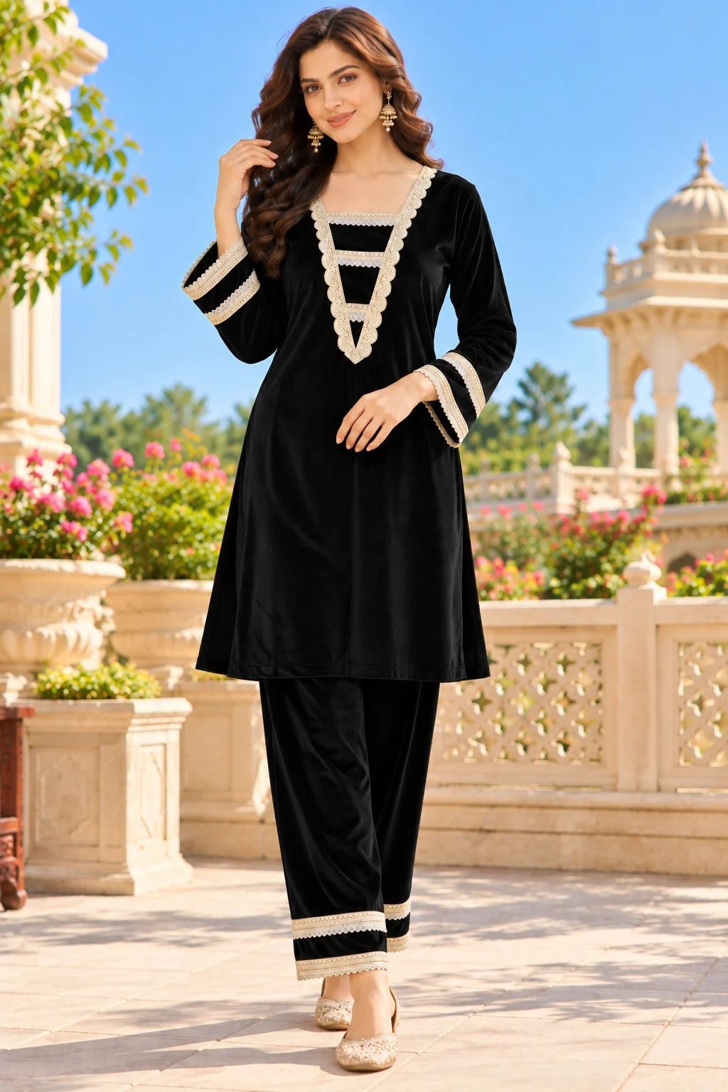 Kurta Palazzo Set with Lace Detailing For Women