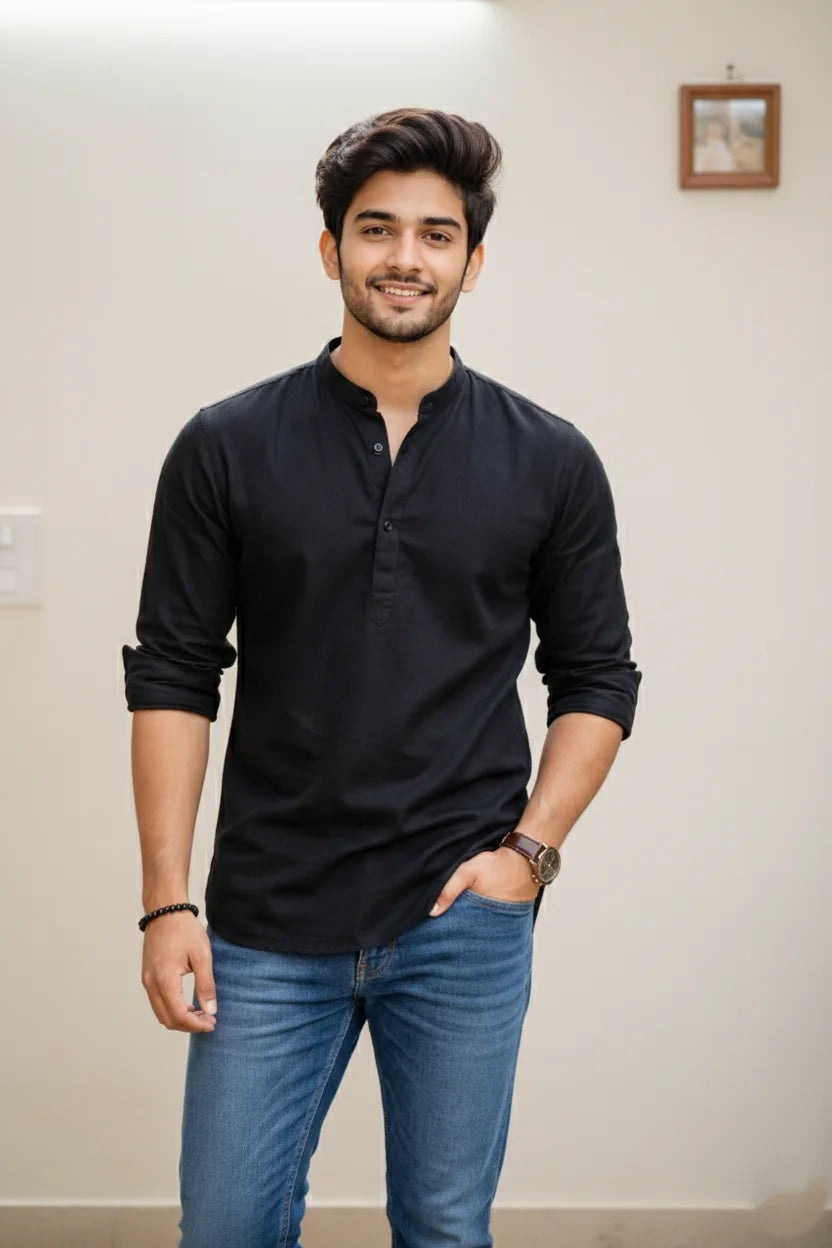 Black Cotton Mandarin Collar short kurta shirt