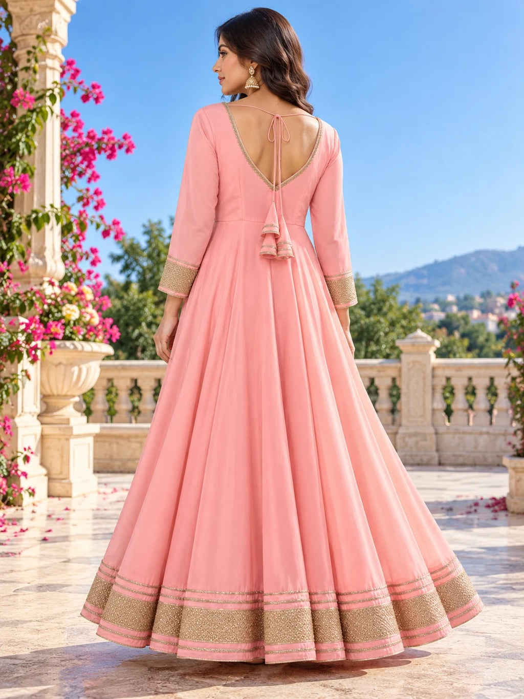 Women’s Pink Anarkali Gown | Flared Floor-Length Anarkali Dress | Embellished Border | Festive & Party Wear