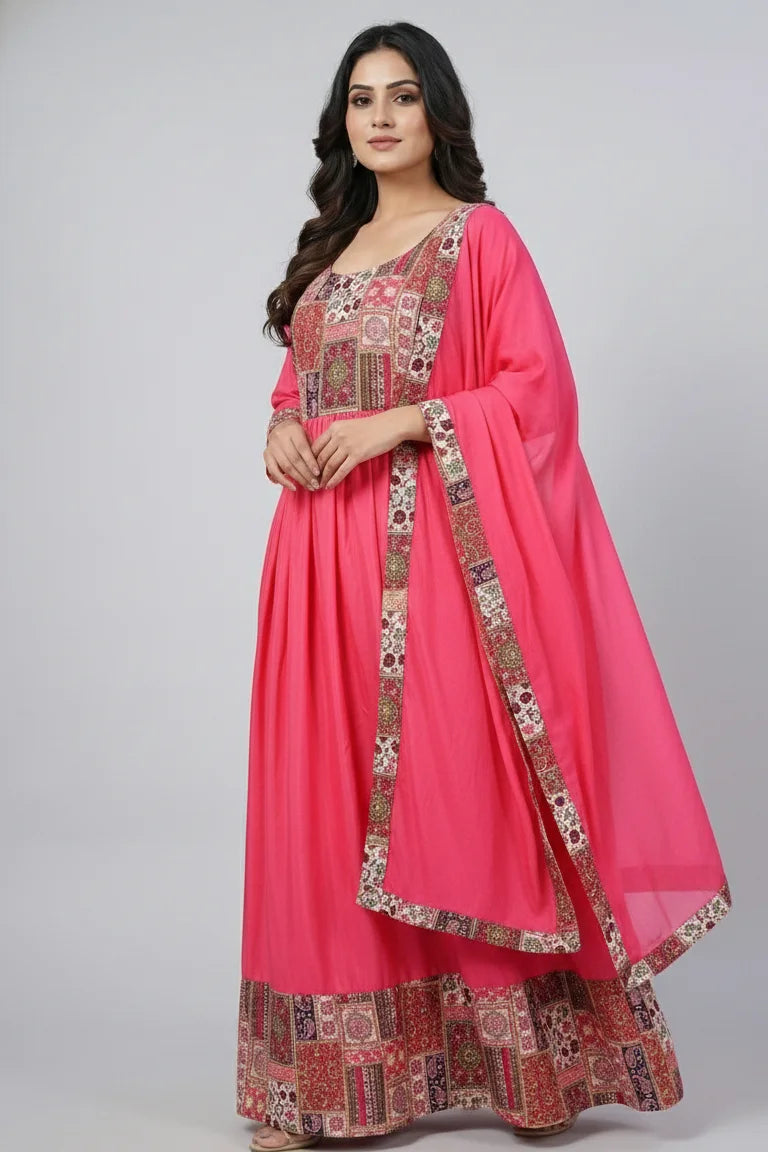 Pink cotton Anarkali gown with dupatta, elegant gown for women, stylish evening gown and long dress for women, perfect cotton gown and dressing gown for festive and casual wear.
