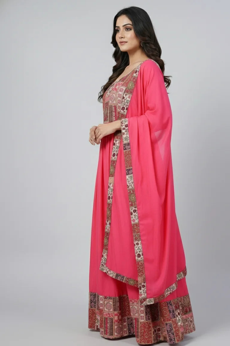 Pink cotton Anarkali gown with dupatta, elegant gown for women, stylish evening gown and long dress for women, perfect cotton gown and dressing gown for festive and casual wear.