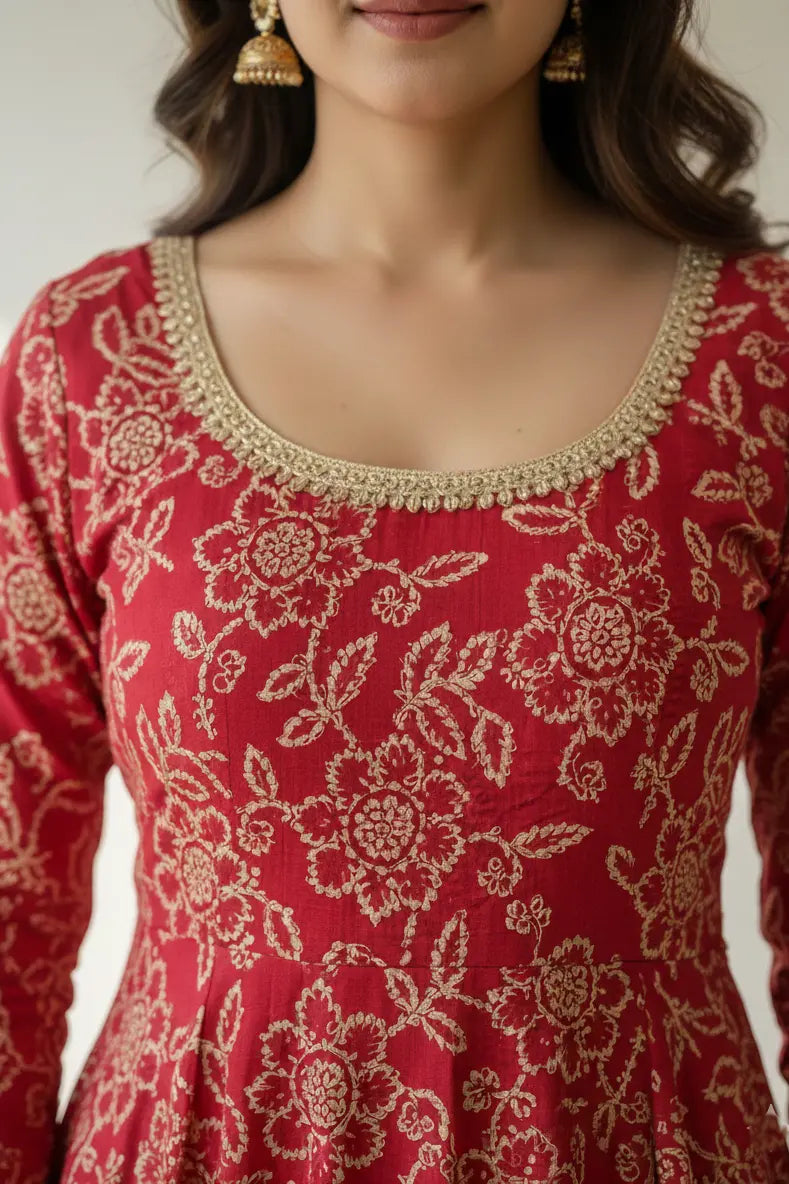 Elegant ethnic wear featuring a flowing anarkali gown with a graceful anarkali silhouette. This stylish gown is suitable for maternity dresses, offers the comfort of maxi dresses, and stands out among timeless gowns for women.- front zoom