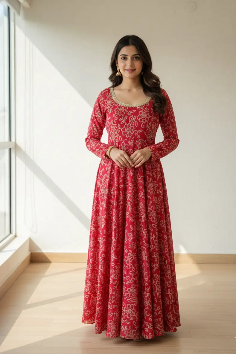 Elegant ethnic wear featuring a flowing anarkali gown with a graceful anarkali silhouette. This stylish gown is suitable for maternity dresses, offers the comfort of maxi dresses, and stands out among timeless gowns for women.- front 