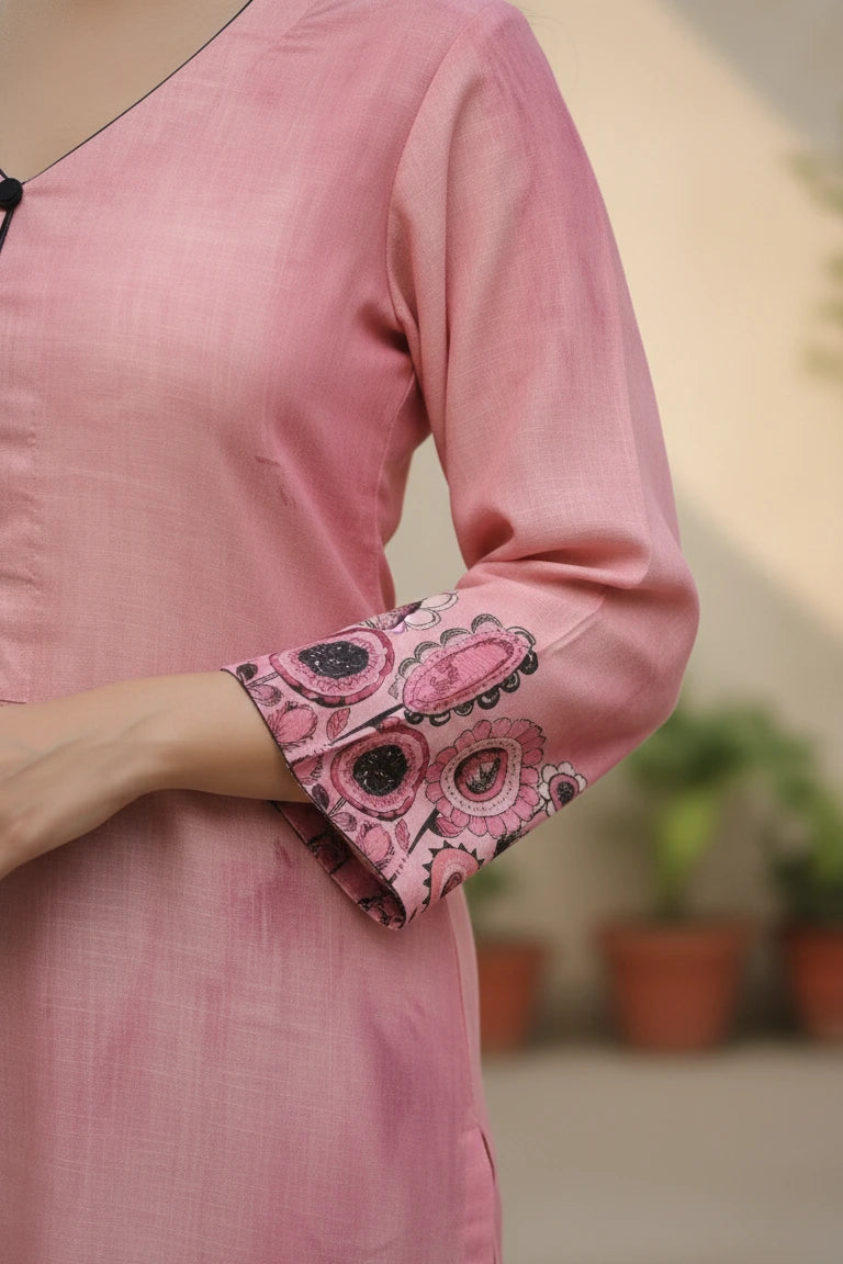 women ethnic wear light pink women kurta crafted for everyday elegance. This pink kurta is a comfortable cotton kurta for women, perfect as stylish ethnic wear, versatile kurtas, and graceful ethnic dresses for women.- sleaves