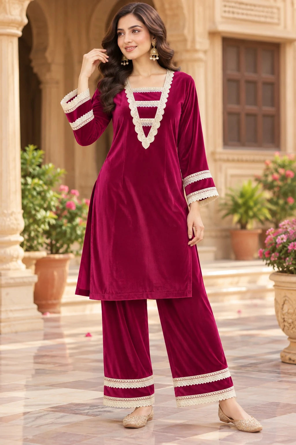 Kurta Palazzo Set with Lace Detailing For Women
