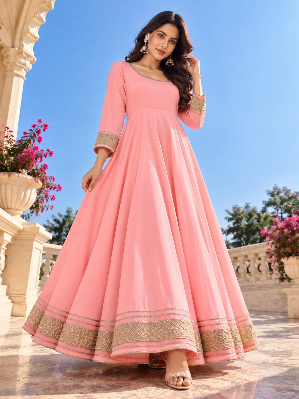 Women’s Pink Anarkali Gown | Flared Floor-Length Anarkali Dress | Embellished Border | Festive & Party Wear
