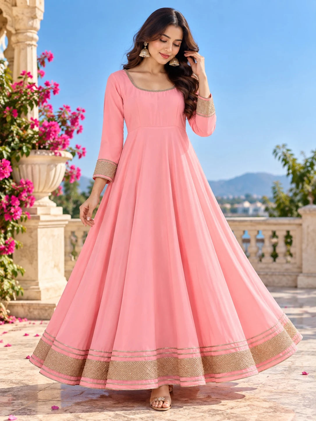 Women’s Pink Anarkali Gown | Flared Floor-Length Anarkali Dress | Embellished Border | Festive & Party Wear
