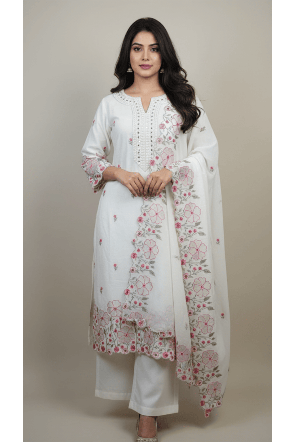 White Embroidered round neck Suit With Trouser & Dupatta