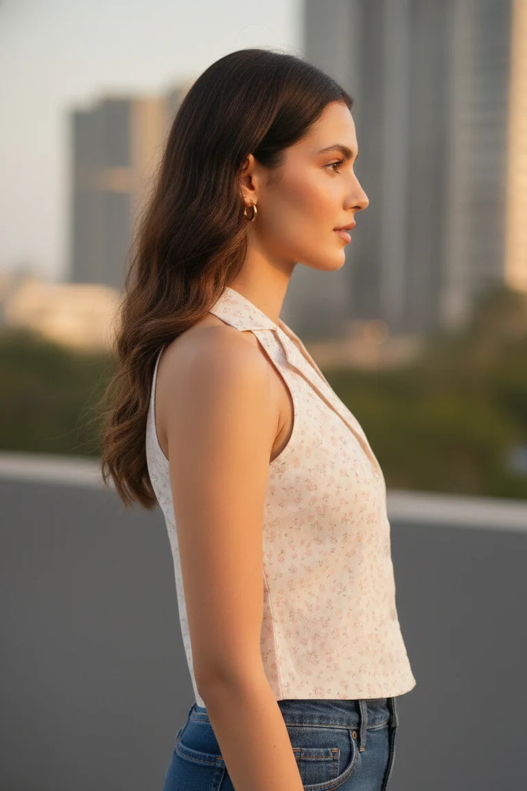 Women’s White Pink Floral Cotton Crop Shirt