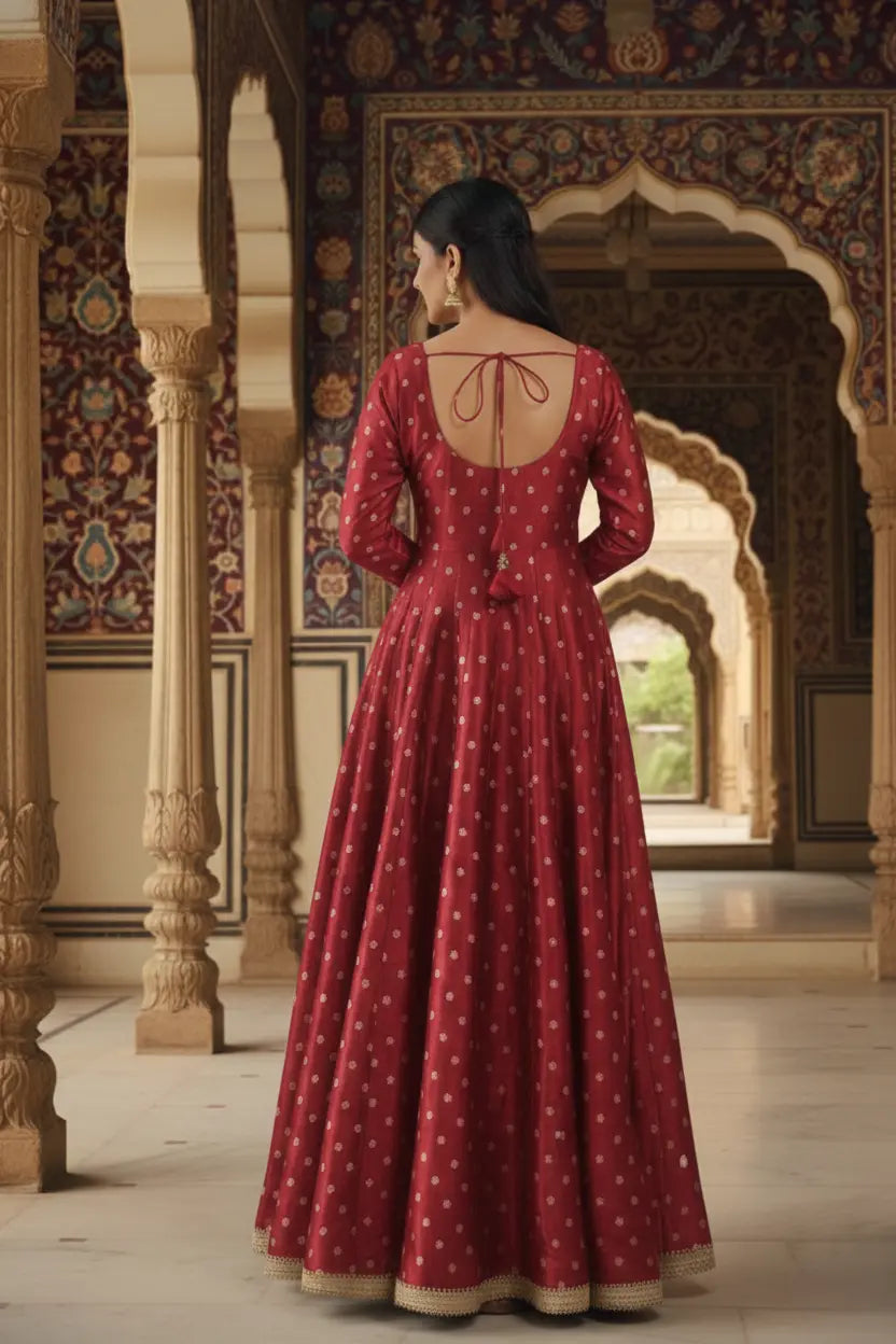 Red silk Anarkali gown for women with rich traditional look, elegant silk gown perfect for weddings and festive occasions, premium silk dress for women.
