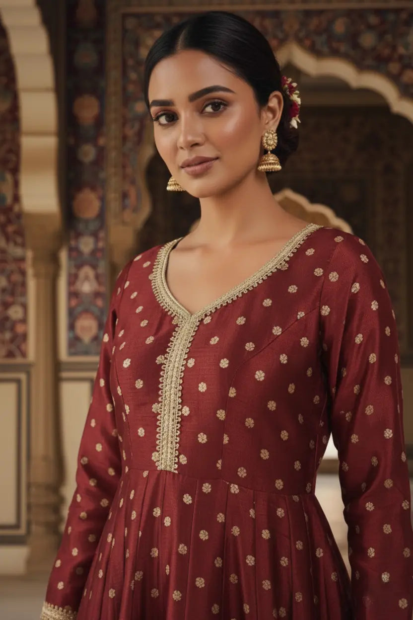 Red silk Anarkali gown for women with rich traditional look, elegant silk gown perfect for weddings and festive occasions, premium silk dress for women.