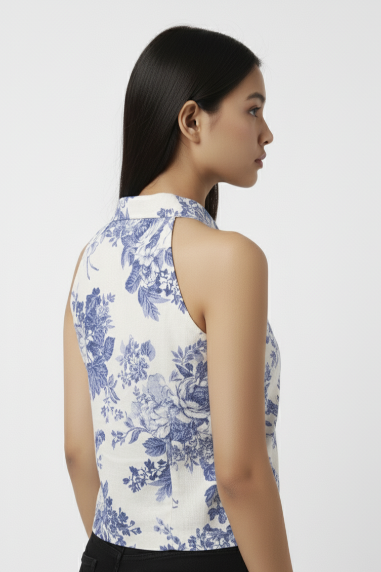 Women’s Sleeveless White Blue Floral Collar Crop Shirt