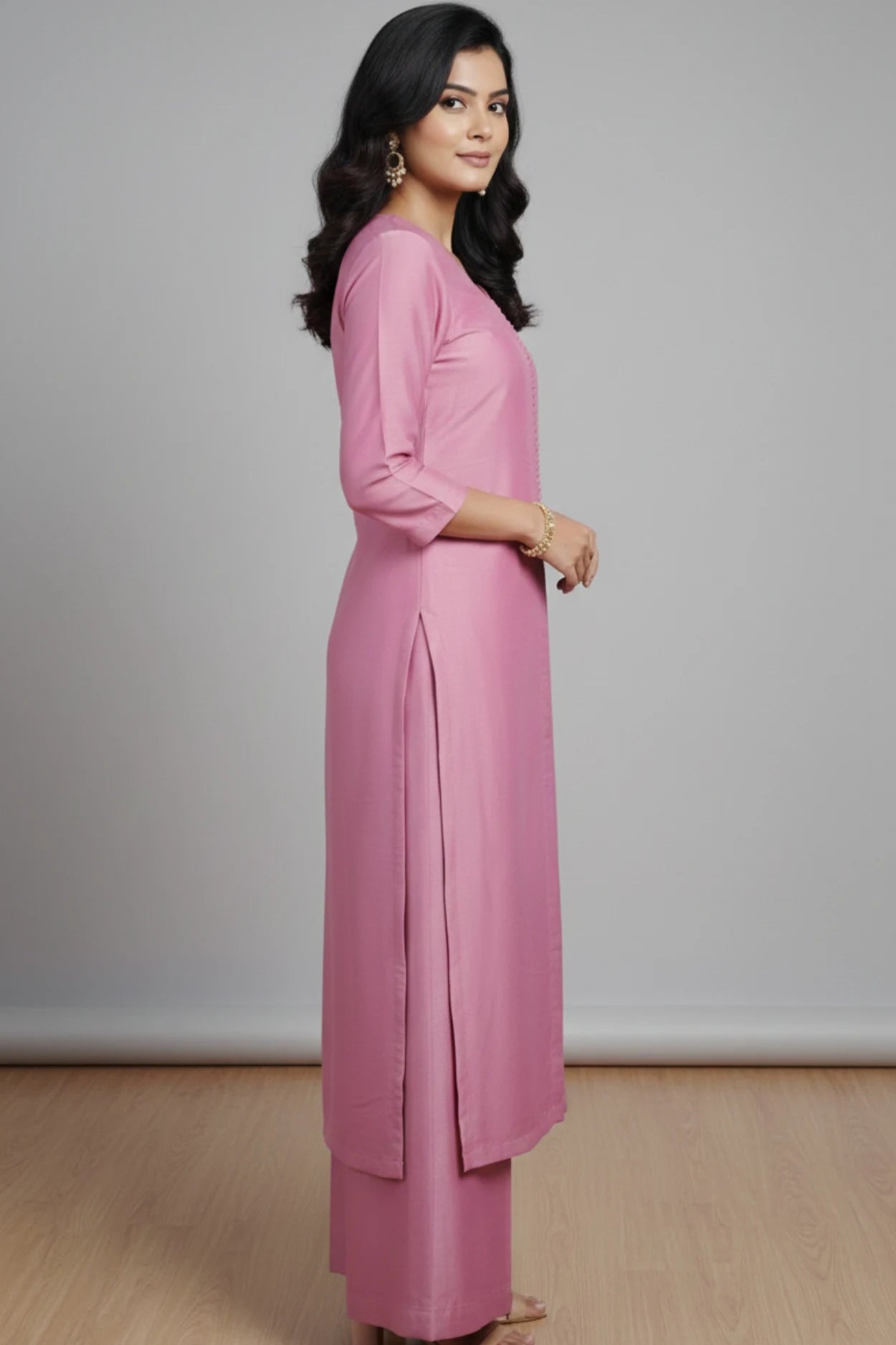 Pink silk blend kurta palazzo set for women, silk kurta set for women, Pink ethnic wear suit set with palazzo
